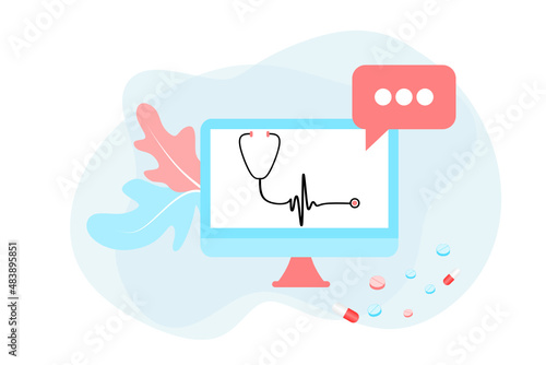 Online health tele medicine flat illustration. Online medical healthcare consultation and treatment via application of computer connected internet clinic. Online ask doctor consultation technology.