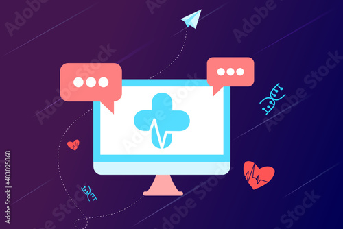 Online health tele medicine flat illustration. Online medical healthcare consultation and treatment via application of computer connected internet clinic. Online ask doctor consultation technology.