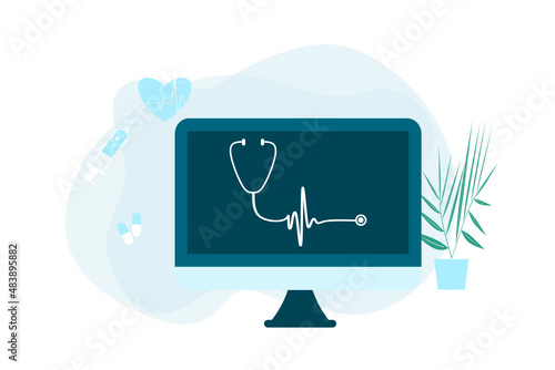 Online health tele medicine flat illustration. Online medical healthcare consultation and treatment via application of computer connected internet clinic. Online ask doctor consultation technology.