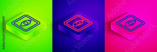 Isometric line Film or movie cinematography rating or review icon isolated on green, blue and pink background. Square button. Vector