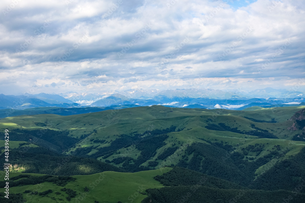 View of the mountains and the Bermamyt plateau in the Karachay-Cherkess Republic, Russia.