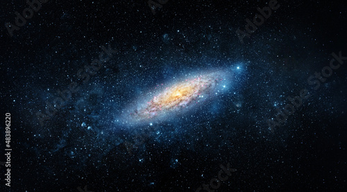 A view from space to a spiral galaxy and stars. Universe filled with stars, nebula and galaxy,. Elements of this image furnished by NASA.