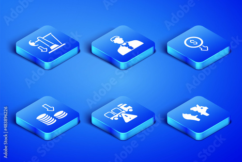 Set Broken piggy bank, Drop in crude oil price, Stop delivery cargo truck, Dollar rate decrease, Worker and icon. Vector