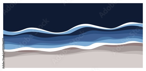 Geometric ocean landscape poster. Blue sea waves top view, cartoon seaside, beach shore, isolated background. Vector art