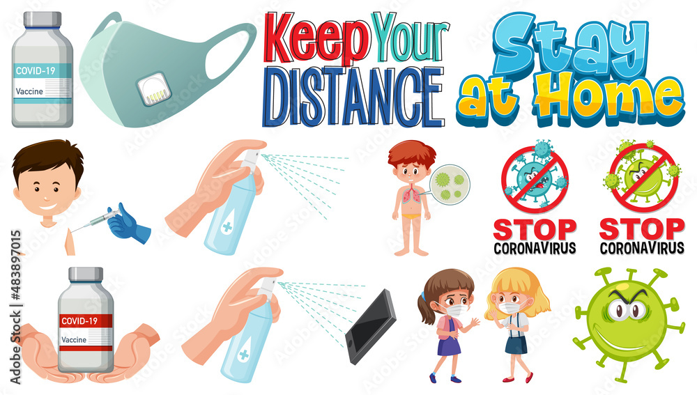 Cartoon character and Coronavirus vaccination isolated objects Cartoon character and Coronavirus vaccination isolated objects