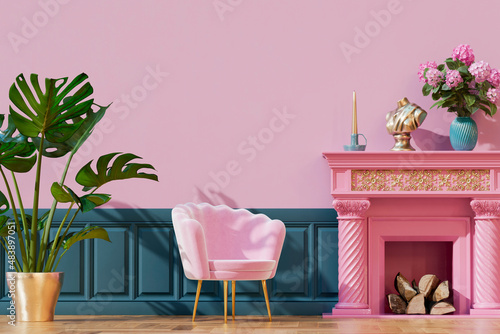 Three dimensional render of living room with single chair, potted plant, wall panels and fireplace