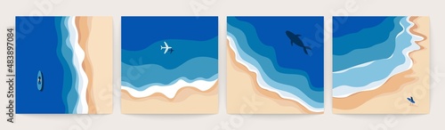 Ocean landscape top view. Sea waves from above, cartoon seaside, beach aerial scene, isolated square cards. Vector set