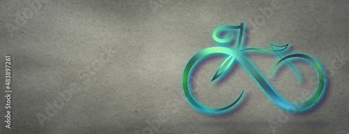 Green neon bicycle icon on a craft textured paper background with copy space for your text.