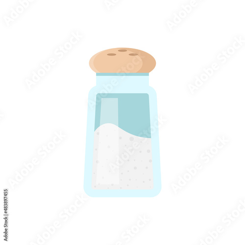 Sea salt powder in transparent glass bottle for comfortable sprinkle vector flat illustration. Mineral condiment crystal seasoning in container for storage and cooking. Natural white salty taste spice