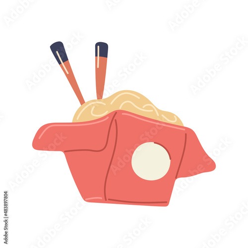Traditional Chinese noodle in cardboard box with sticks isometric doodle vector illustration. Tasty Asian food delivery service menu restaurant cafe take away delicious. Japanese lunch serving portion
