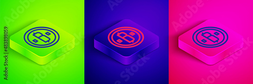 Isometric line Cryptocurrency coin Bitcoin icon isolated on green, blue and pink background. Physical bit coin. Blockchain based secure crypto currency. Square button. Vector
