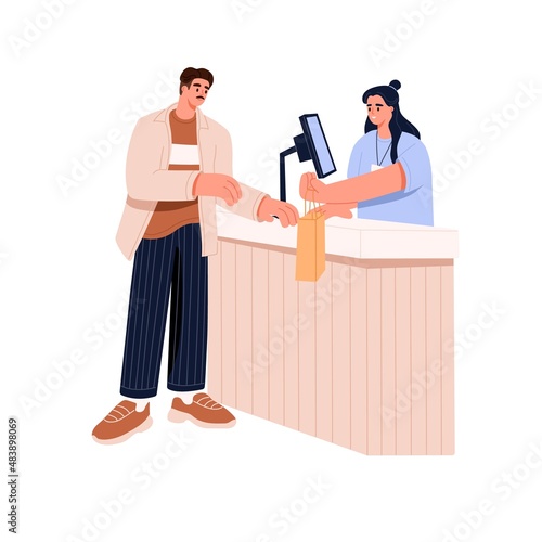 Seller and buyer at retail store counter. Vendor selling, customer buying bag in shop. Saleswoman and man shopper with purchase in mall. Flat vector illustration isolated on white background