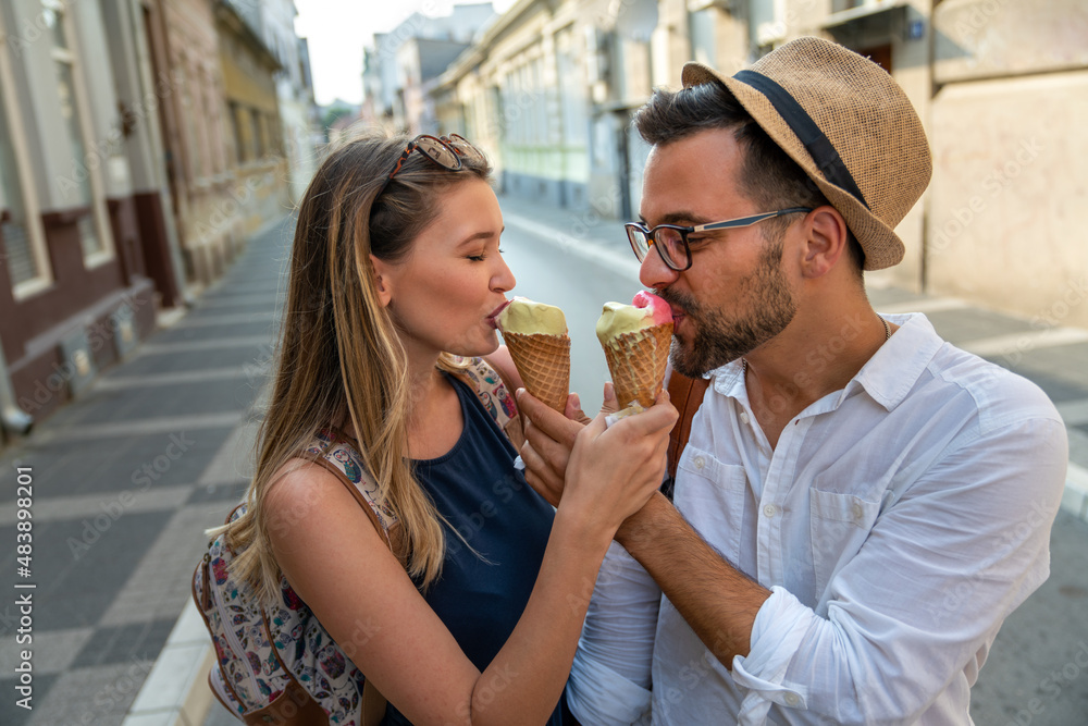 Happy tourist couple in love having fun, traveling smiling together on vacation Happy tourist couple in love having fun, traveling smiling together on vacation