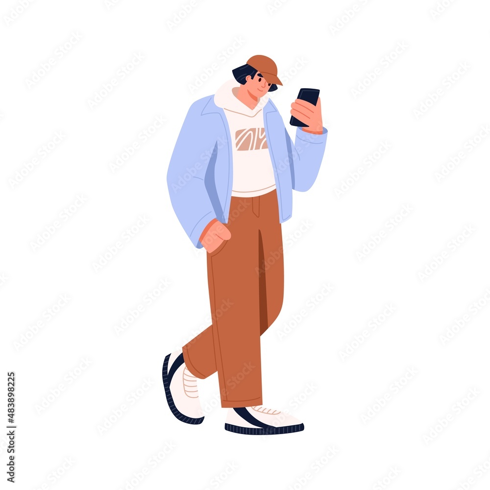 Young man walking with mobile phone in hand. Modern using smartphone on the go, surfing internet and texting outdoors. Person holding cellphone. Flat vector illustration isolated on white background Young man walking with mobile phone in hand. Modern using smartphone on the go, surfing internet and texting outdoors. Person holding cellphone. Flat vector illustration isolated on white background