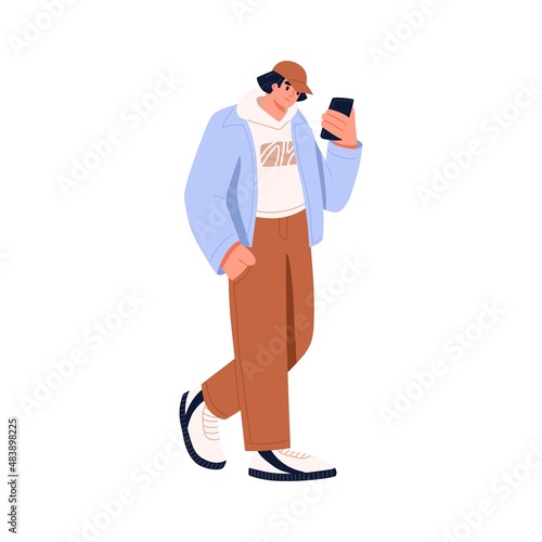 Young man walking with mobile phone in hand. Modern using smartphone on the go, surfing internet and texting outdoors. Person holding cellphone. Flat vector illustration isolated on white background