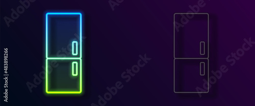 Glowing neon line Refrigerator icon isolated on black background. Fridge freezer refrigerator. Household tech and appliances. Vector