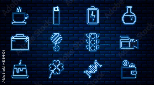 Set line Wallet with coin, Cinema camera, Battery, Industrial hook, Car battery, Coffee cup, Traffic light and Lighter icon. Vector