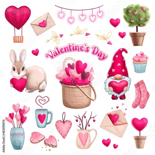 Romantic elements on Valentine's Day. Colored heart stickers, stylized flowers, gnome, rabbit