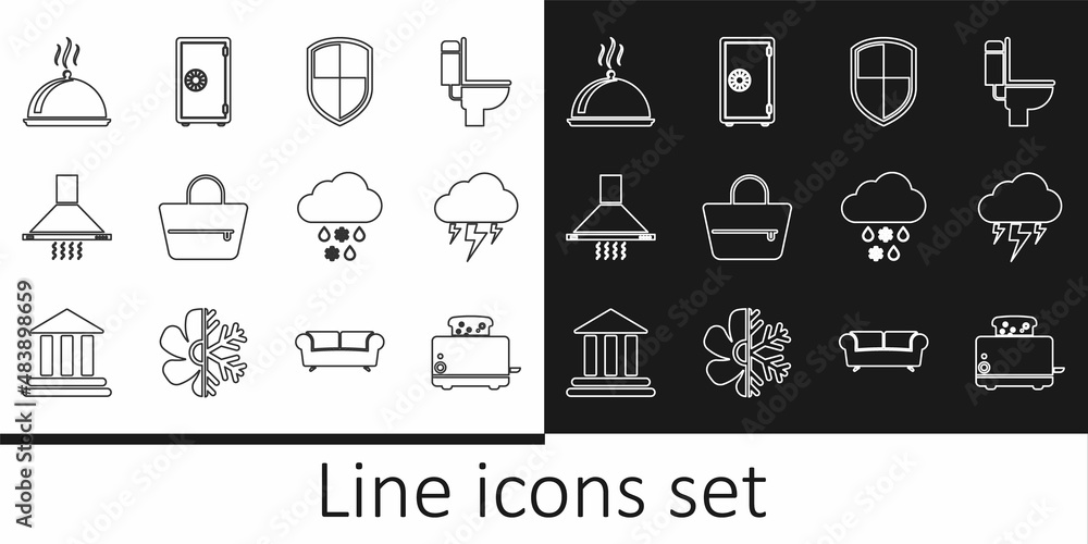 Set line Toaster with toasts, Storm, Shield, Handbag, Kitchen extractor fan, Covered tray of food, Cloud snow rain and Safe icon. Vector Set line Toaster with toasts, Storm, Shield, Handbag, Kitchen extractor fan, Covered tray of food, Cloud snow rain and Safe icon. Vector