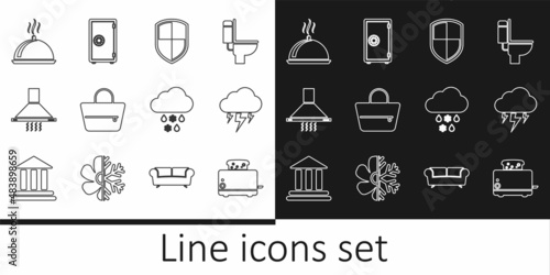 Set line Toaster with toasts, Storm, Shield, Handbag, Kitchen extractor fan, Covered tray of food, Cloud snow rain and Safe icon. Vector