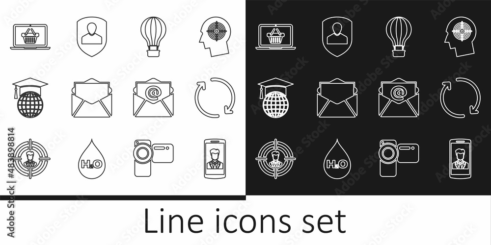 Set line Smartphone with contact, Refresh, Hot air balloon, Mail and e-mail, Graduation cap globe, Shopping basket laptop, and User protection icon. Vector
