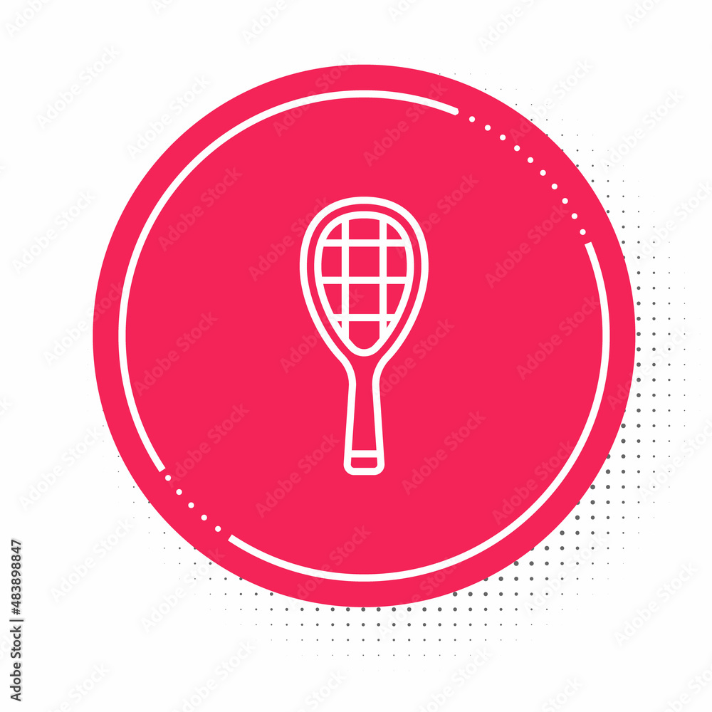 White line Tennis racket icon isolated on white background. Sport equipment. Red circle button. Vector White line Tennis racket icon isolated on white background. Sport equipment. Red circle button. Vector