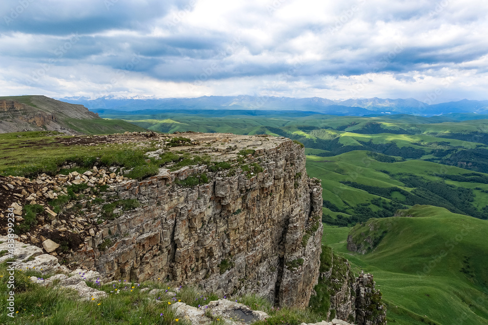 View of the mountains and the Bermamyt plateau in the Karachay-Cherkess Republic, Russia.