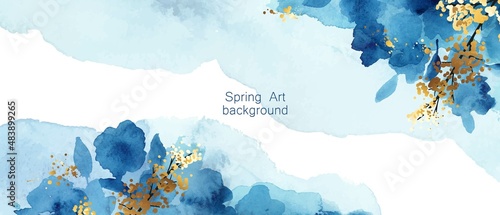 Luxury abstract art botanical composition. Spring minimal design in blue and golden shades.