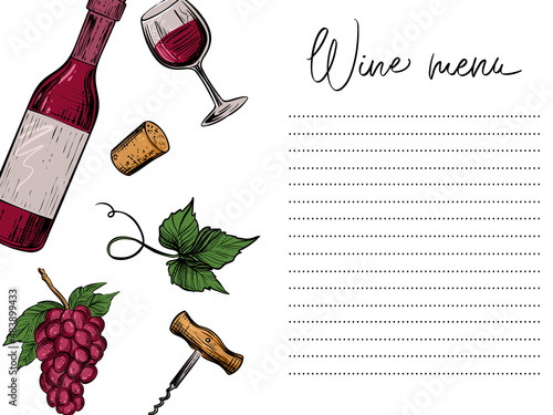 Menu with a bottle of wine, glasses, grapes, cork, corkscrew, color vector illustration