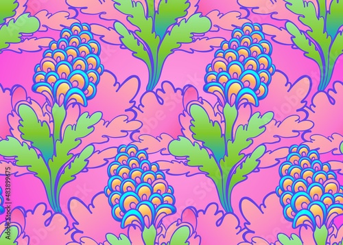 Floral colorful seamless pattern, retro 60s, 70s hippie style background. Vin...