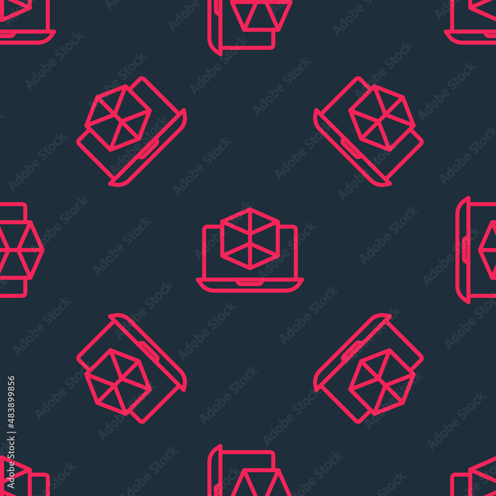 Red line 3d modeling icon isolated seamless pattern on black background. Augmented reality or virtual reality. Vector Red line 3d modeling icon isolated seamless pattern on black background. Augmented reality or virtual reality. Vector
