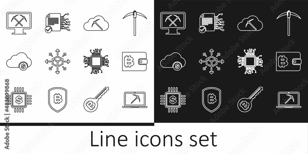 Set line Mining with laptop and pickaxe, Cryptocurrency wallet, cloud mining, Distribution, monitor, Processor and Smart contract icon. Vector