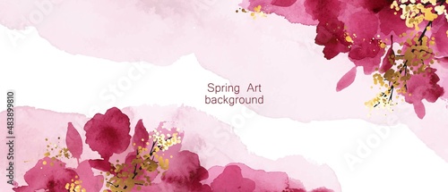Luxury abstract art botanical composition. Spring minimal design in pink, magenta and golden shades.