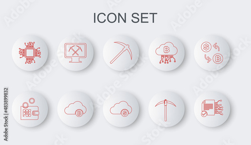 Set line Smart contract, Proof of stake, Pickaxe, Processor, Mining with monitor and pickaxe, Cryptocurrency cloud mining and icon. Vector