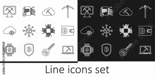 Set line Mining with laptop and pickaxe, Cryptocurrency wallet, cloud mining, Distribution, monitor, Processor and Smart contract icon. Vector
