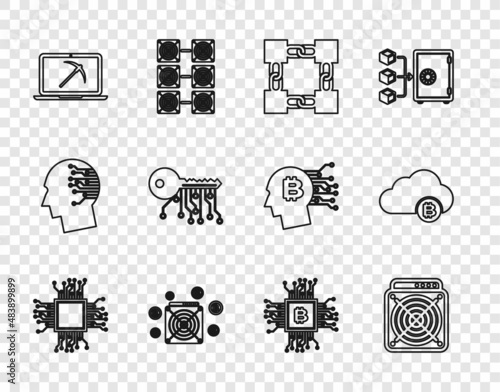 Set line Processor, ASIC Miner, Blockchain technology, Mining with laptop and pickaxe, Cryptocurrency key, CPU mining farm and cloud icon. Vector