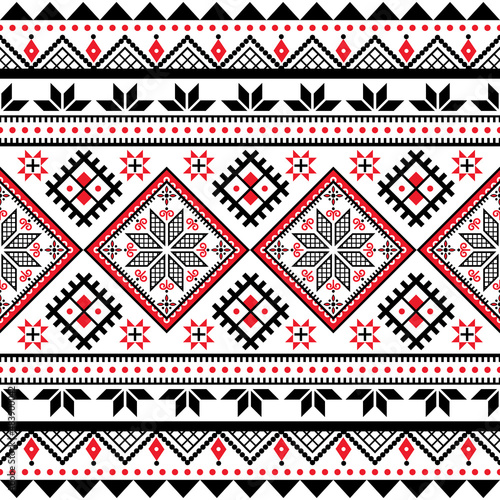 Ukrainian Pysanky vector seamless folk art pattern with geometric motif - Hutsul Easter eggs repetitive design in black and red 
