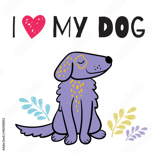Cartoon cute doggie â€‹in doodle style. Happy puppy. Funny favorite pet. Sketch of a cheerful dog for prints, children's clothing, cards, t-shirts. Vector illustration.