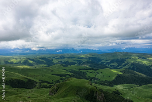 View of the mountains and the Bermamyt plateau in the Karachay-Cherkess Republic, Russia.