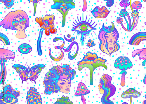 Psychedelic vector seamless pattern: trippy mushrooms, peace sign, acid girl, butterflies, all-seeing eye, om sign. Background with trippy elements in cartoon comic style.