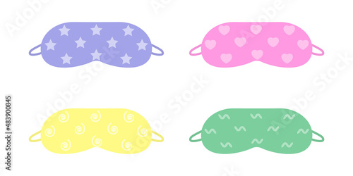 Sleeping mask isolated on white background. Set of masks for sleep. Eyes protection clip arts with stars, hearts, spirals, waves. Cartoon vector illustration