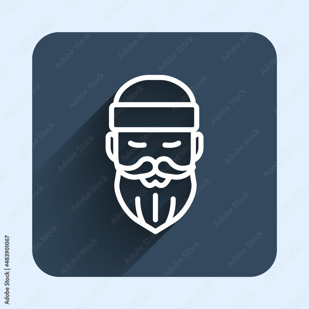 White line Bearded lumberjack man icon isolated with long shadow background. Blue square button. Vector White line Bearded lumberjack man icon isolated with long shadow background. Blue square button. Vector
