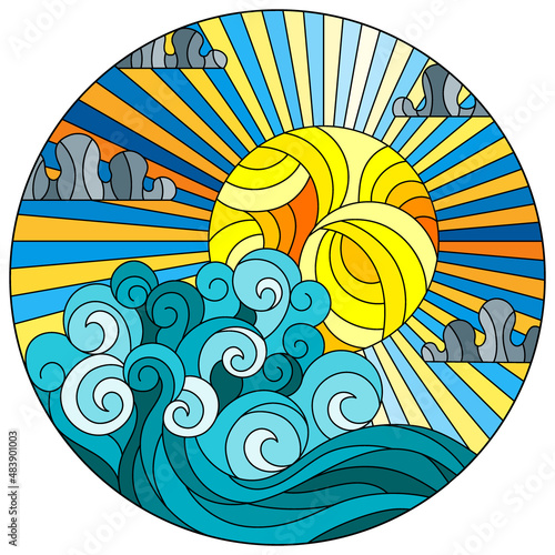 An illustration in the style of a stained glass window with a seascape, the sun against the sky and sea waves, round image