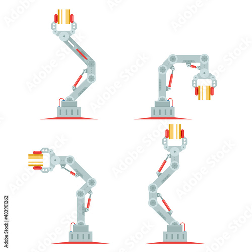 Robot hands mechanical arms assembly crane line isolated set vector illustration