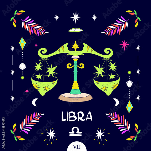 Zodiac sign libra vector illustration of a magic banner with the moon, stars, crystals, libra painted on the background. For poster, banner, print, web elements