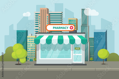 Pharmacy store storefront vector building or medical pharmacist shop facade on city street flat cartoon illustration, small drugstore front exterior shopfront in town