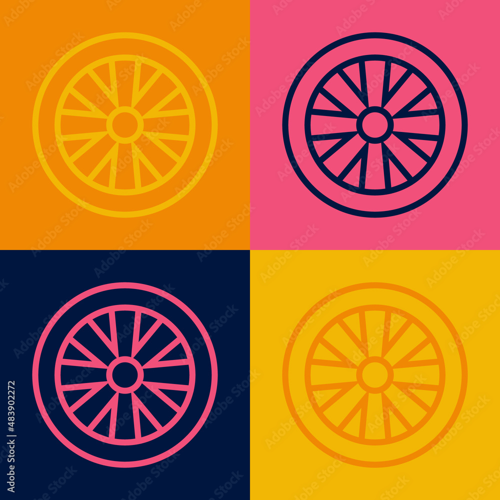 Pop art line Alloy wheel for car icon isolated on color background. Vector