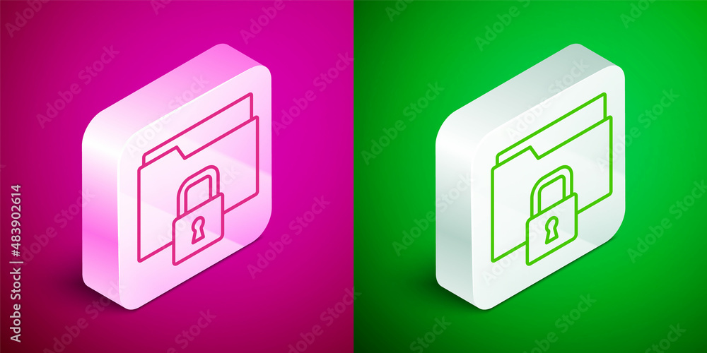 Isometric line Folder and lock icon isolated on pink and green background. Closed folder and padlock. Security, safety, protection concept. Silver square button. Vector