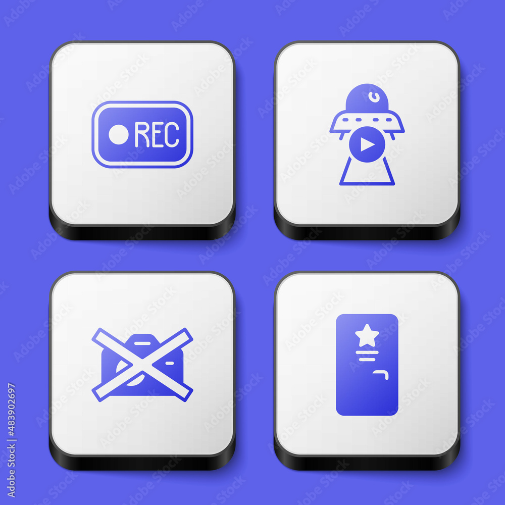 Set Record button, Science fiction, Prohibition no video recording and Backstage icon. White square button. Vector Set Record button, Science fiction, Prohibition no video recording and Backstage icon. White square button. Vector