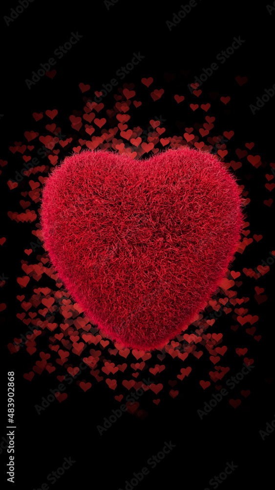 Abstract red fur hearts on dark background. Concept: valentine's day, anniversary, mother's day, marriage, invitation e-card, 14th-day February.
